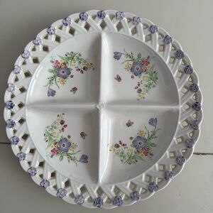 Japanese Reticulated Vintage Floral Serving Dish Tray Pierced Lattice Porcelain